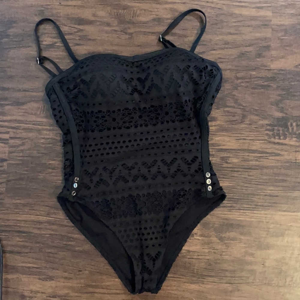 Black Crochet One Piece With Button Accents